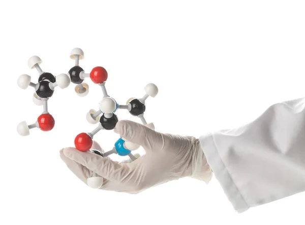 Investigador con guante sosteniendo bola química y molécula de palo m — Foto de Stock
