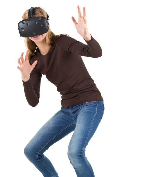 Menina loira usando VR - fone de ouvido realidade virtual — Fotografia de Stock