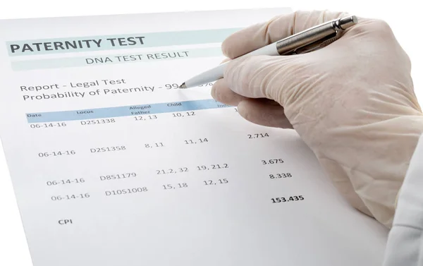 Doctor points at result on paternity test result form — Stock Photo, Image