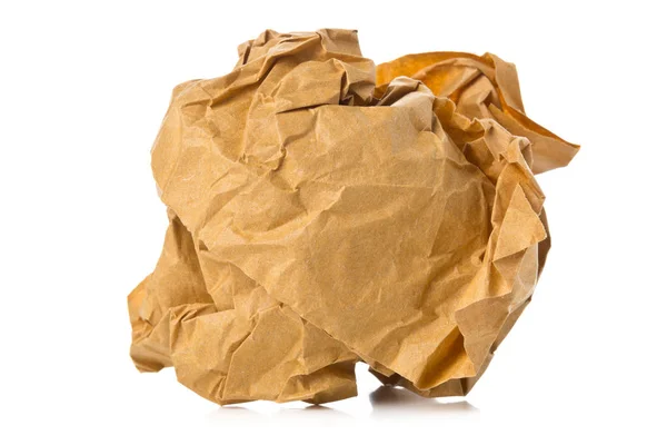 Crumbled brown recycled paper ball on white background — Stock Photo, Image