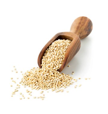 Beyaz ahşap Kepçe, tüm ham, işlenmemiş quinoa tohum