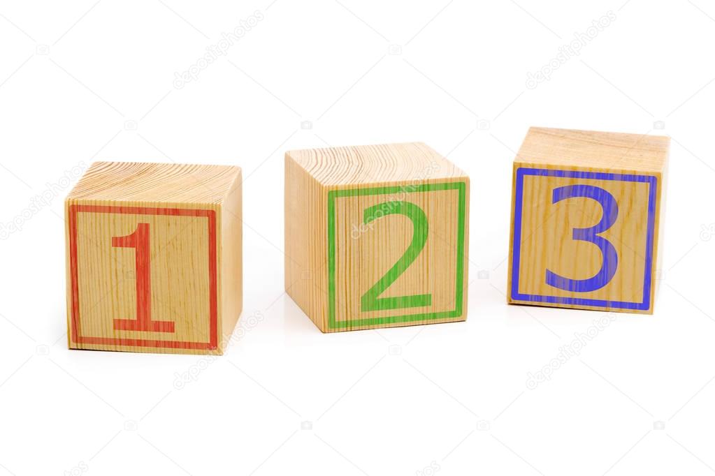 Three brown wooden cubes lined up in a row with numbers one, two