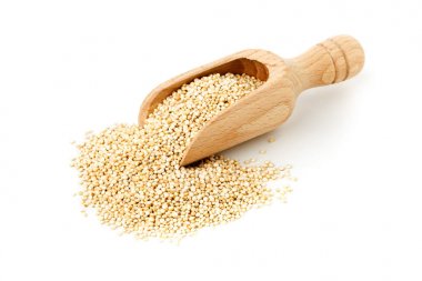 Beyaz ahşap Kepçe, tüm ham, işlenmemiş quinoa tohum