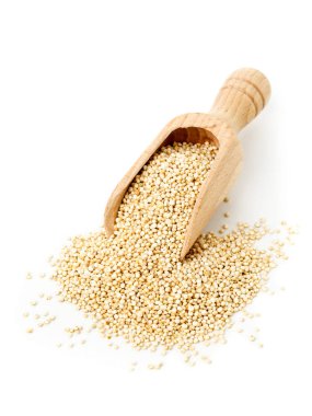 Beyaz ahşap Kepçe, tüm ham, işlenmemiş quinoa tohum