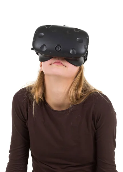 Menina loira usando VR - fone de ouvido realidade virtual — Fotografia de Stock