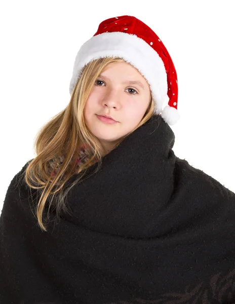 Giovane ragazza con mantello e cappello invernale rosso in piedi in posa — Foto Stock