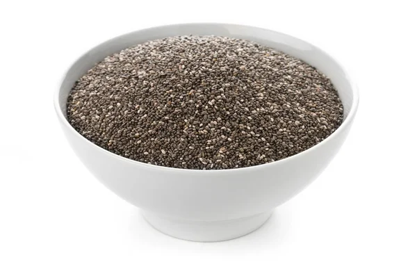 화이트에 화이트 그릇에 원시, 처리 되지 않은, 말린 검은 chia의 씨앗 — 스톡 사진