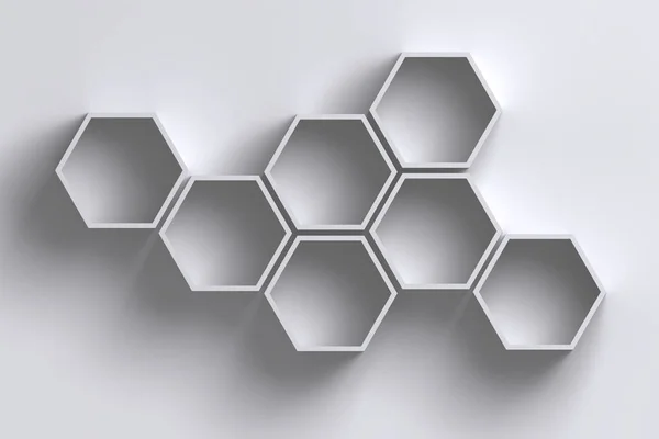 3D пустые полки шестиугольника соты на белой стене с тенью — стоковое фото