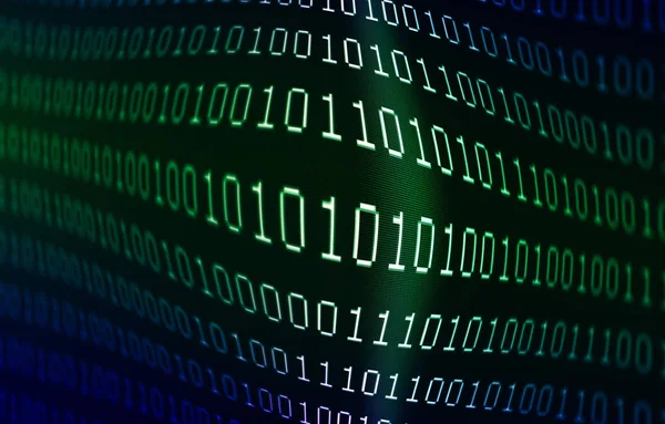 Blue and green colored zeros and ones binary data on computer di — Stock Photo, Image