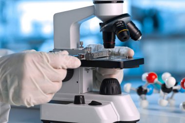 Araştırma bilim adamı mikroskop WIT Tarih: numune plaka ile çalışma