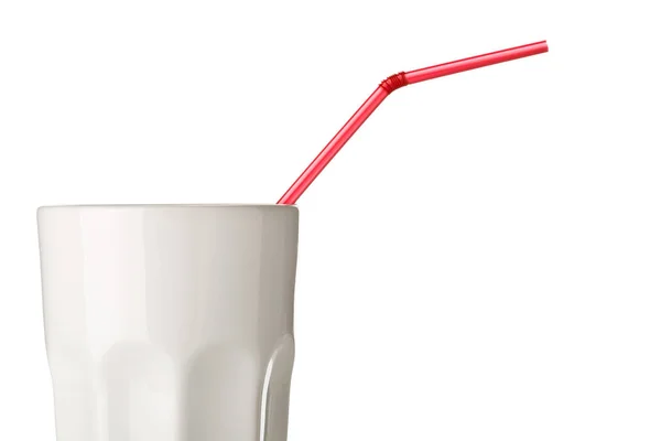 Red straw in white mug side view isolated — Stock Photo, Image