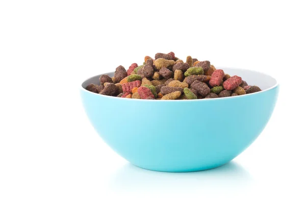 Heap of dry pet food in blue plastic bowl — Stock Photo, Image