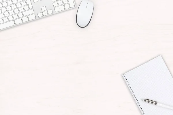 White wooden office desk top view with computer mouse and keyboa