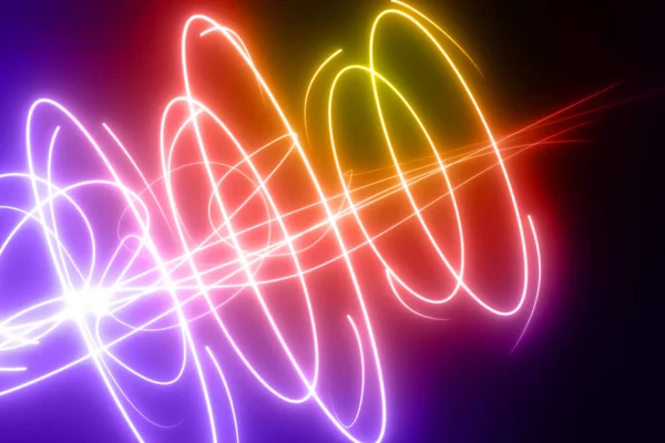 Curved, rainbow colored glowing lines curves and circles design — Stock Photo, Image