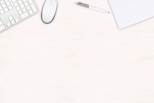 White wooden office desk top view with computer mouse and keyboa