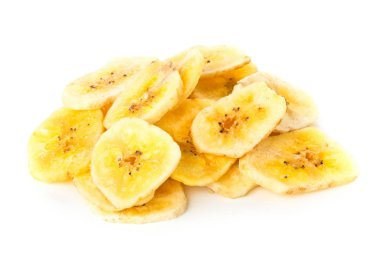 Kurutulmuş muz yığını snack üzerinde beyaz fişleri