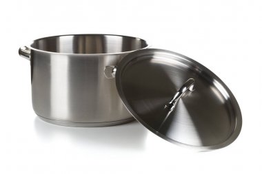 Tencereye kapaklı beyaz boş açık paslanmaz çelik