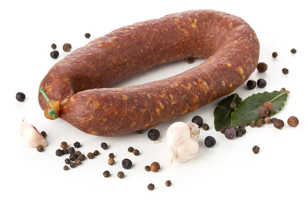 German specialty salami hard cured sausage whole with spices ove — Stock Photo, Image