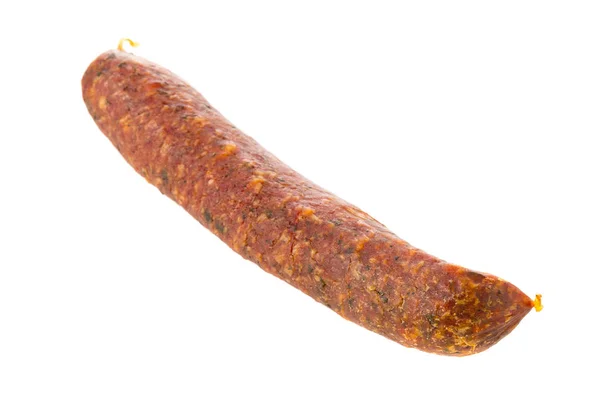 Tysk specialitet salami hårt lufttorkad korv hela över vita — Stockfoto