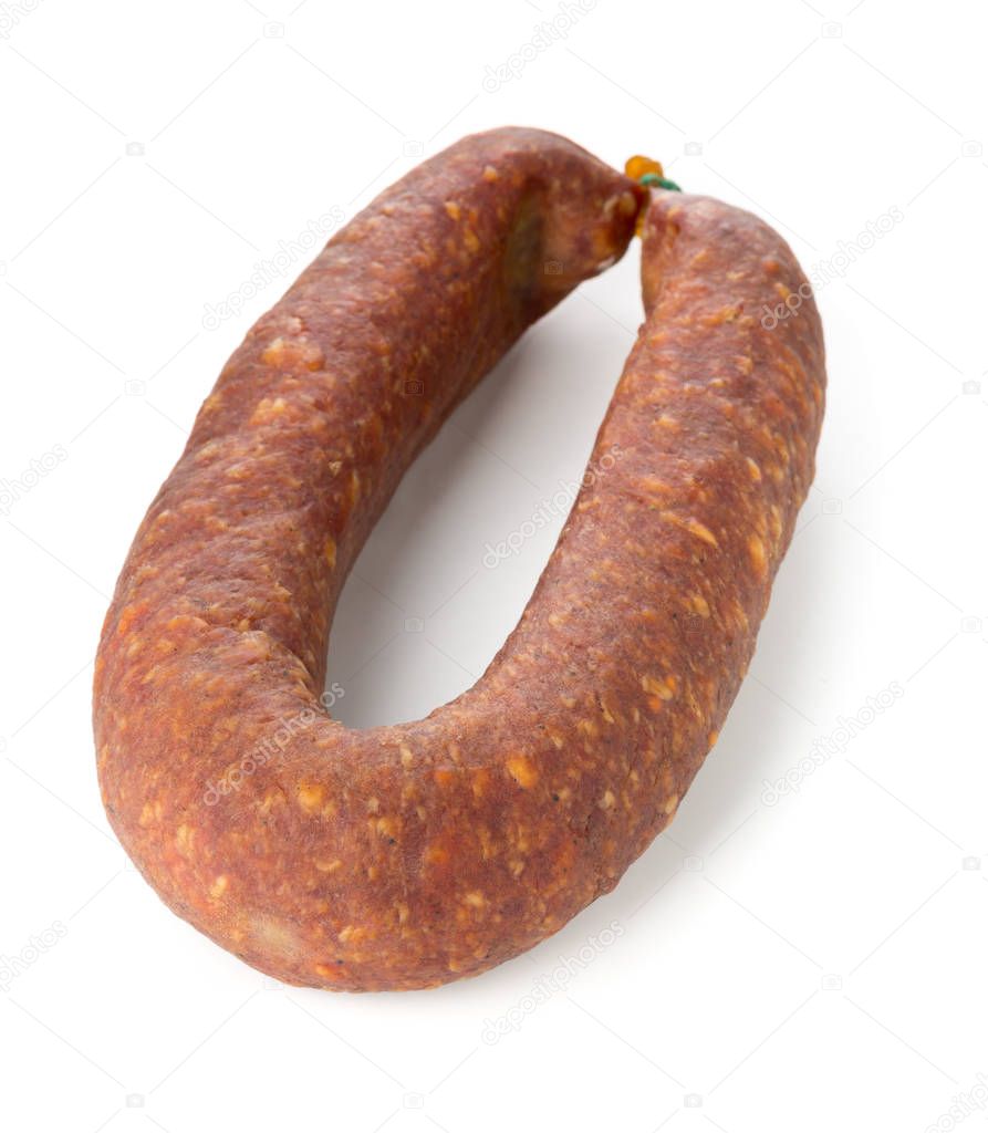 German specialty salami hard cured sausage whole over white background