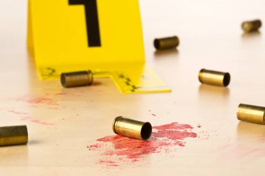 Olay yeri inceleme CSI kanıt işaretleyicisi boş, ateşlenmiş mermi kovanları ile