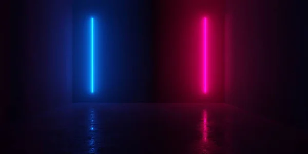 Abstract blue and red glowing neon light tubes in empty concrete — ストック写真
