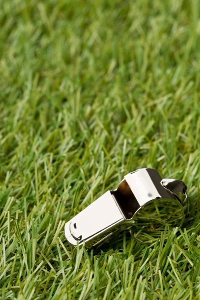 Soccer sports chrome whistle on grass background