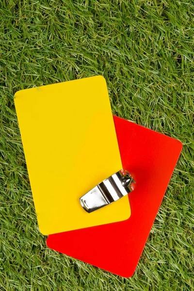 Soccer sports referee yellow and red cards with chrome whistle