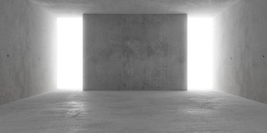 Dolaylı aydınlatmalı arka duvarlı soyut boş, modern beton oda 