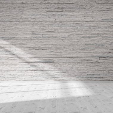 Boş beyaz oda, tuğla duvar ve beyaz ahşap zemin.