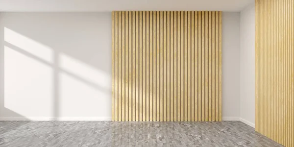 Camera bianca vuota con pannello in legno e pareti bianche con ombra — Foto Stock