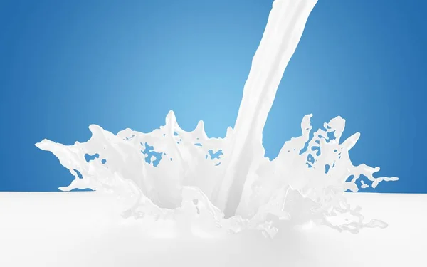 Melk gegoten, spatten in zwembad van melk geïsoleerd op blauwe achtergrond — Stockfoto