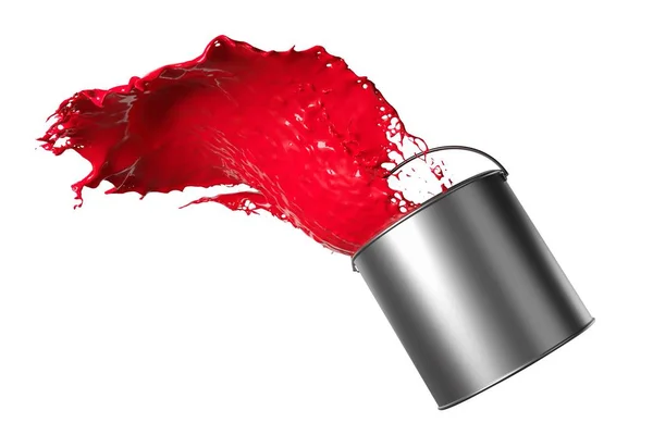Rote Farbe spritzt vom silbrig glänzenden Farbeimer auf weißem Hintergrund — Stockfoto
