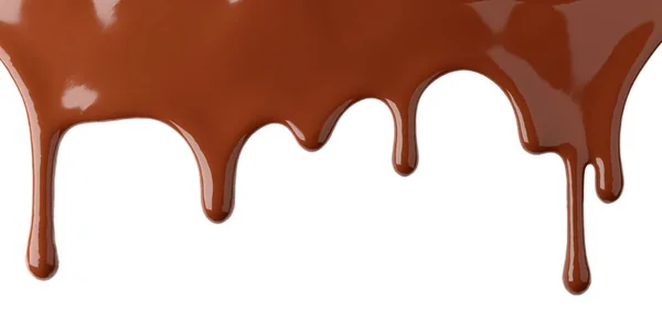 Warme chocolade- of cacaodrank die langzaam uit de bovenste rand stroomt, geïsoleerd op een witte achtergrond — Stockfoto