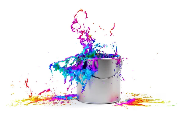 Duhová barva stříkající ze stříbrného lesklého kbelíku barvy na bílé pozadí — Stock fotografie