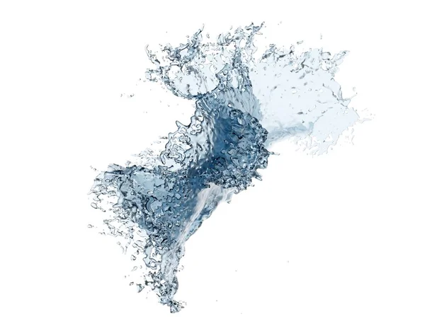 Blauw water plons in de lucht met spray geïsoleerd op witte achtergrond — Stockfoto