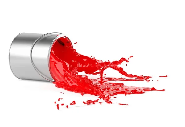 Czerwona farba rozpryskująca się ze srebrnego, błyszczącego wiadra farby leżącego na podłodze na białym tle — Zdjęcie stockowe