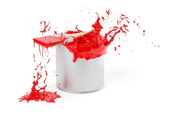 Röd färg stänk från silver glänsande färg hink med färg borste på vit bakgrund — Stockfoto