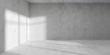 Soyut boş, modern beton oda. Pencere ve engebeli arka duvarı var. Endüstriyel iç plan şablonu.