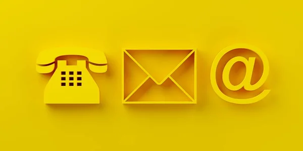 Żółty telefon, list kopertowy i symbole e-mail na żółtym tle, skontaktuj się z nami symbole lub baner — Zdjęcie stockowe