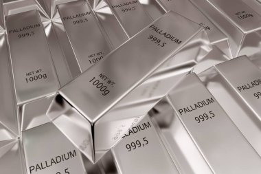 Single palladium ingot on stacked rows of shiny palladium ingots clipart