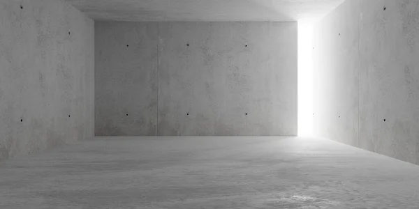Abstraktní prázdná, moderní betonová místnost s osvětlením z otvoru v zadní stěně a hrubé podlaze — Stock fotografie