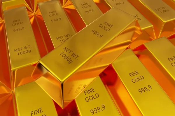 Pojedyncza sztabka złota w rzędach błyszczących sztabek złota lub tła sztabek - istotna koncepcja produkcji elektroniki metalowej lub inwestycyjna — Zdjęcie stockowe