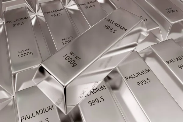 Single palladium ingot on stacked rows of shiny palladium ingots — Stock Photo, Image