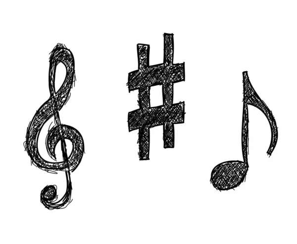 Hand drawn music clef, note and sharp symbols doodles isolated on white — Stockfoto