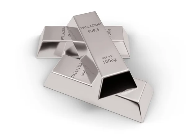 Três lingotes de paládio brilhantes ou barras sobre fundo branco - conceito de investimento em metais preciosos ou dinheiro — Fotografia de Stock