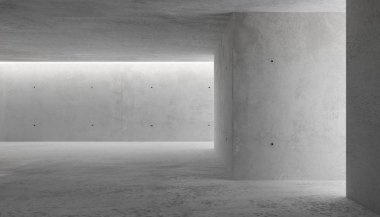 Soyut boş, modern beton oda yan duvardan ve tavandan dolaylı aydınlatma ve kaba zemin - endüstriyel iç arka plan şablonu