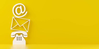 Sarı zemin ve duvar arkaplanındaki beyaz telefon, zarf mektup ve e-posta sembolleri, bizimle kopya alanı olan semboller veya pankartlarla iletişime geçin