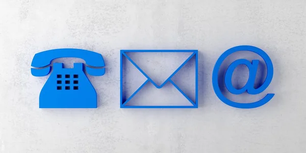 Niebieski telefon, list kopertowy i symbole e-mail na betonowym tle ściany, skontaktuj się z nami symbole lub baner — Zdjęcie stockowe