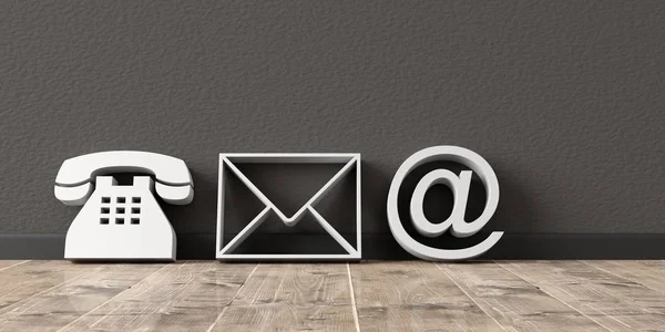 Λευκό τηλέφωνο, επιστολή φάκελο και e-mail σύμβολα κλίνει πάνω σε σκούρο φόντο τοίχο με ξύλινο πάτωμα, επικοινωνήστε μαζί μας σύμβολα ή πανό — Φωτογραφία Αρχείου